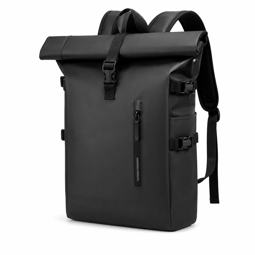 Sac à dos Movara Roll-Top noir, vue de face, fermeture roulée