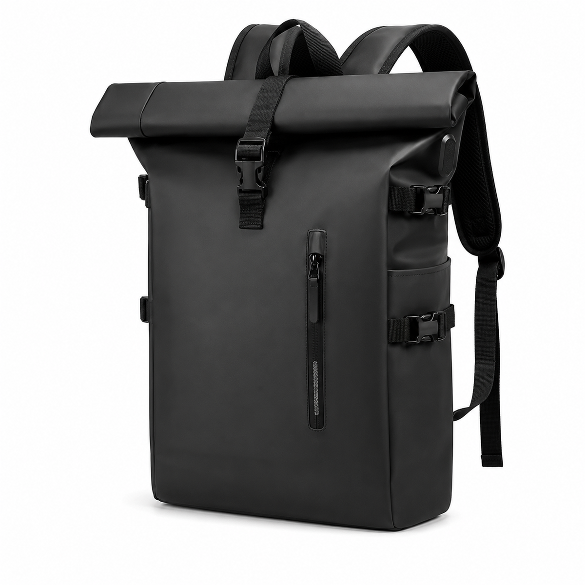 Sac à dos Movara Roll-Top noir, vue de face, fermeture roulée