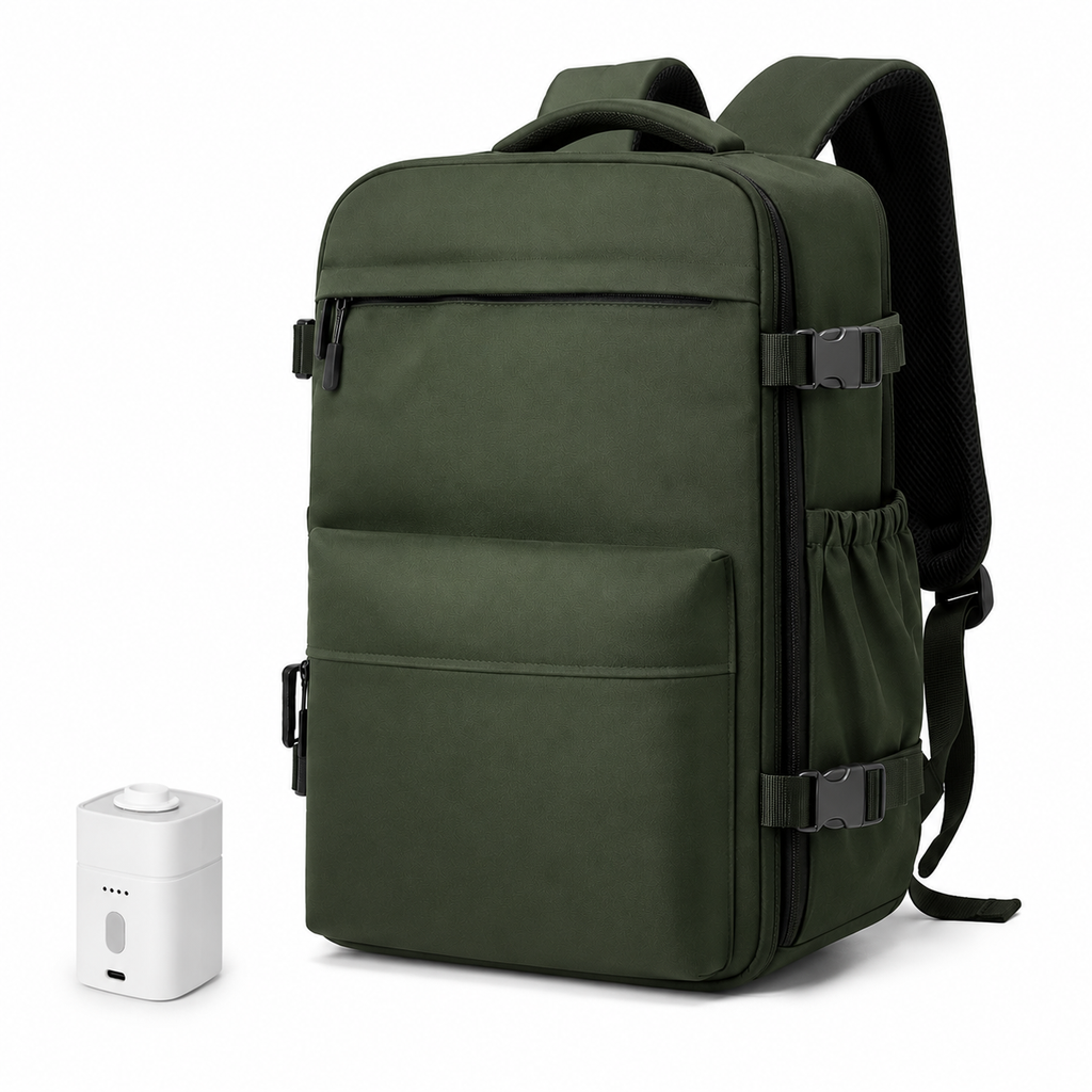 Sac à dos Movara Vacuum Pro vert, vue de face avec pompe USB-C