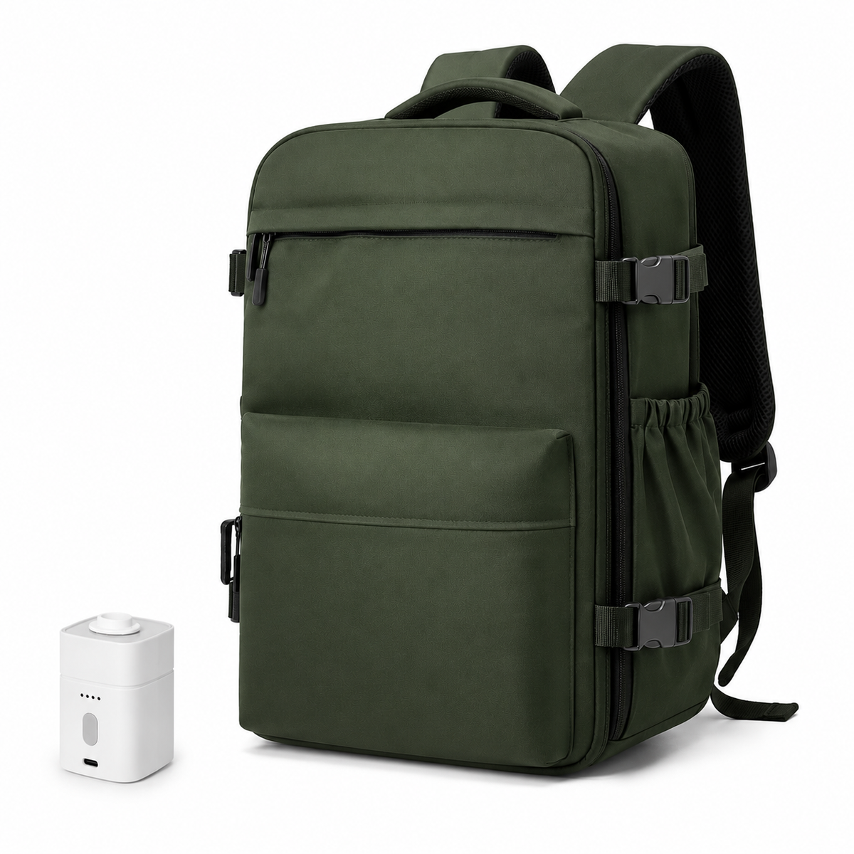 Sac à dos Movara Vacuum Pro vert, vue de face avec pompe USB-C