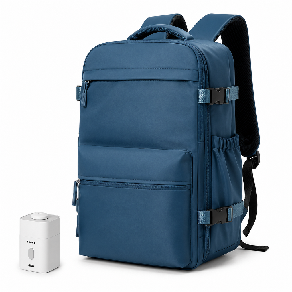 Sac à dos Movara Vacuum Pro bleu marine, vue de face avec pompe USB-C
