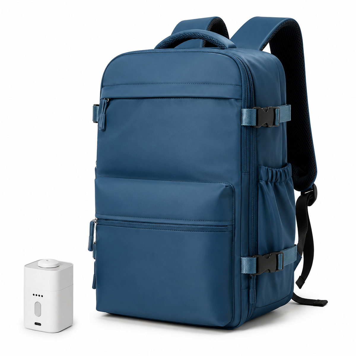 Sac à dos Movara Vacuum Pro bleu marine, vue de face avec pompe USB-C