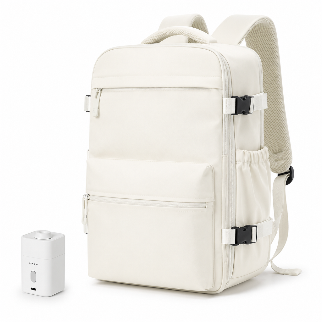 Sac à dos Movara Vacuum Pro blanc, vue de face avec pompe USB-C