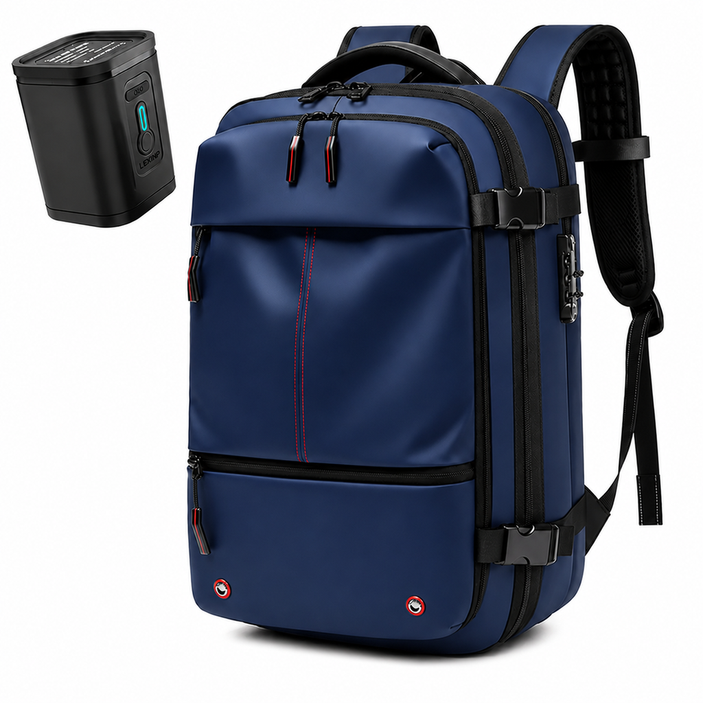 Sac à dos Movara Compression Aventure bleu marine, vue de face avec pompe USB-C