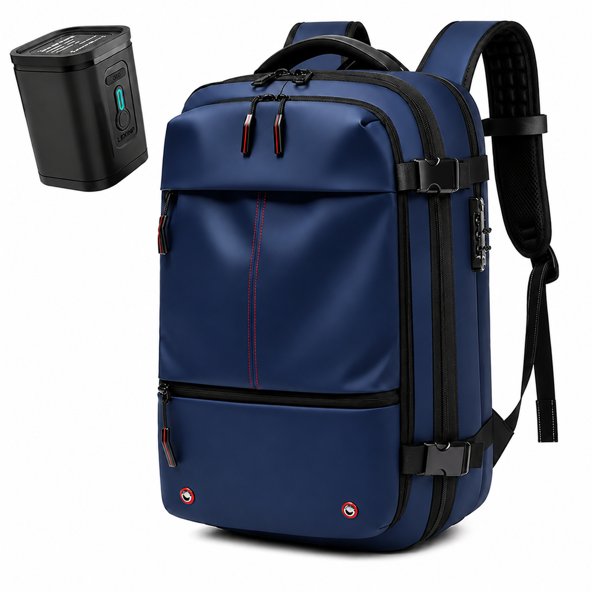 Sac à dos Movara Compression Aventure bleu marine, vue de face avec pompe USB-C