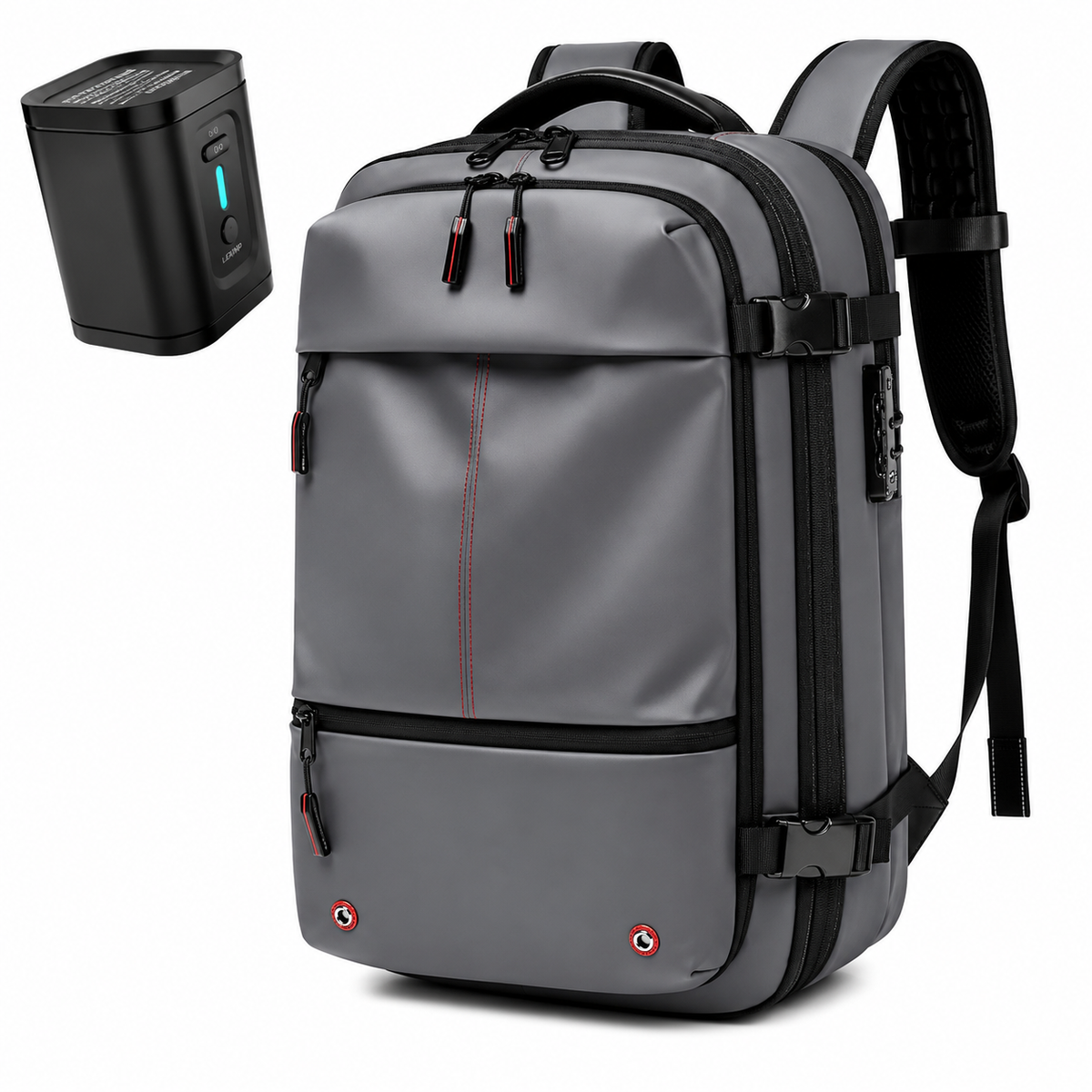 Sac à dos Movara Compression Aventure gris, vue de face avec pompe USB-C