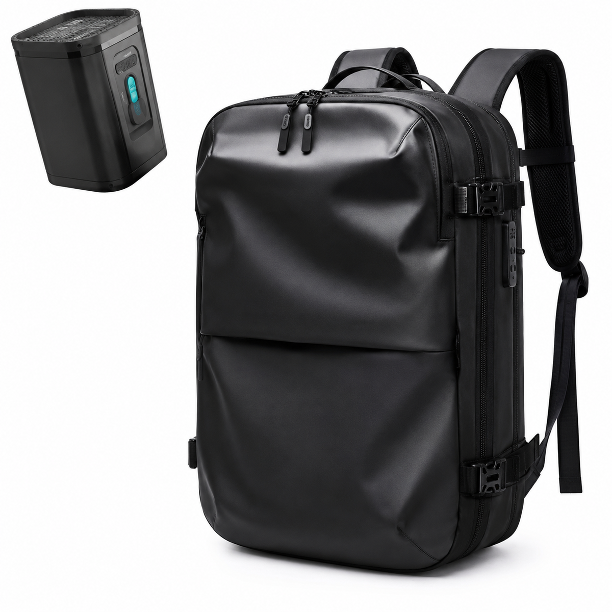 Sac à dos Movara Compression Urbain noir, vue de face avec pompe USB-C