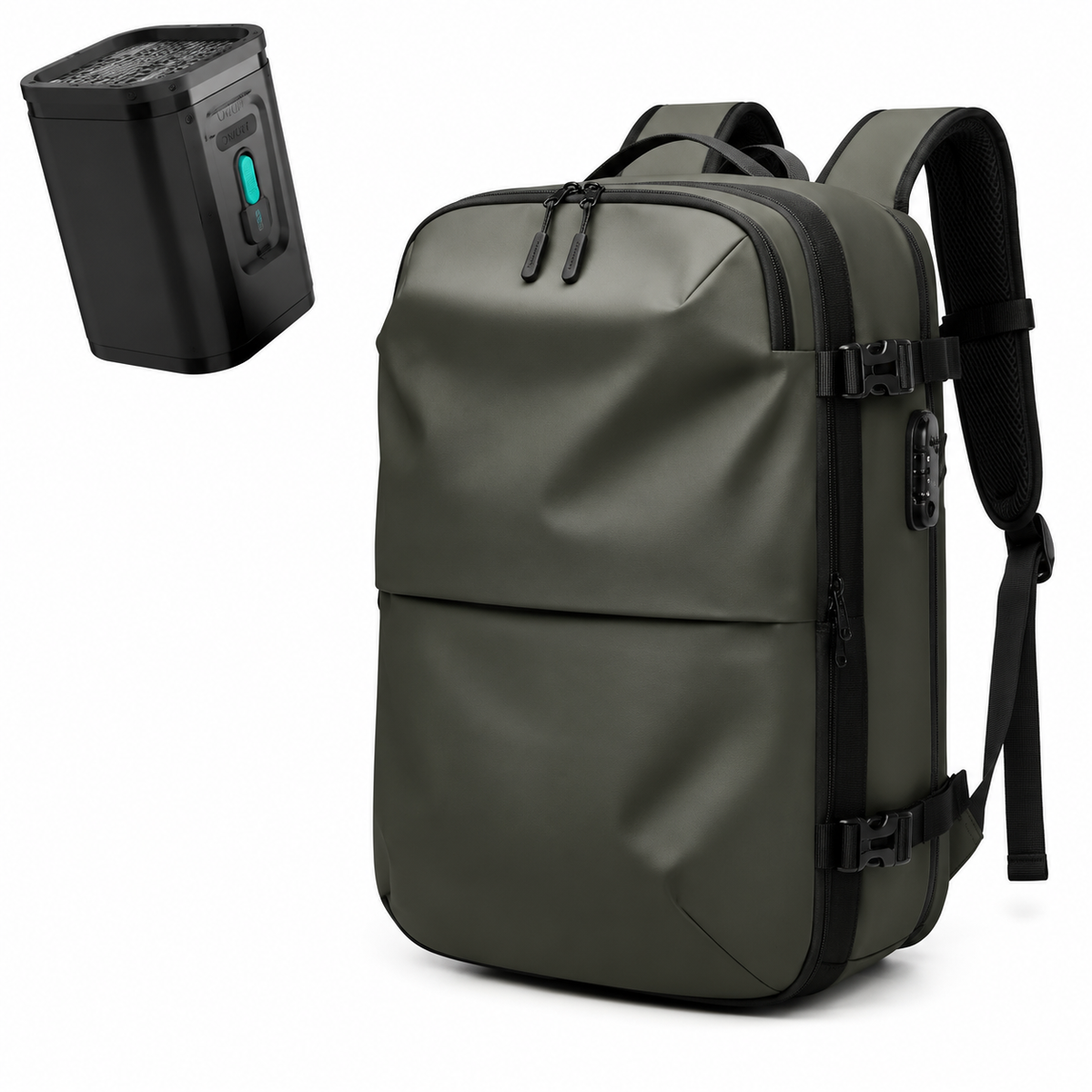 Sac à dos Movara Compression Urbain vert, vue de face avec pompe USB-C
