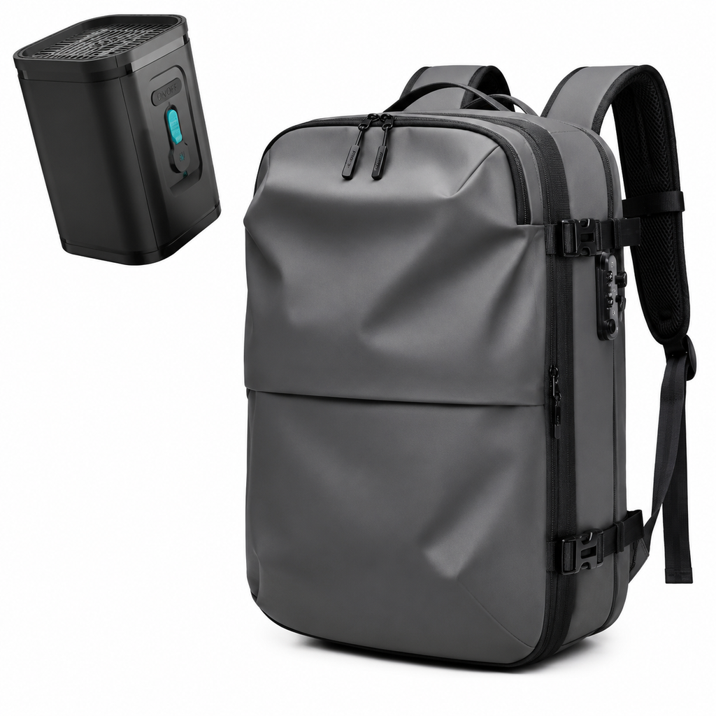 Sac à dos Movara Compression Urbain gris, vue de face avec pompe USB-C