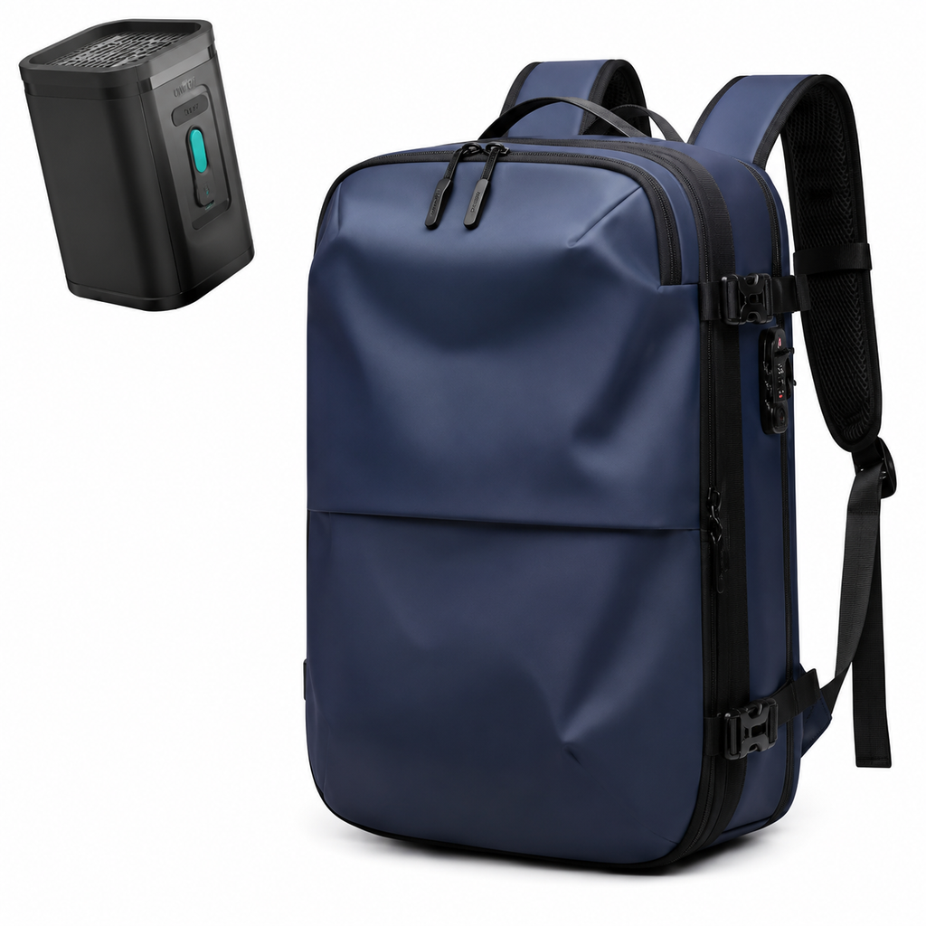 Sac à dos Movara Compression Urbain bleu marine, vue de face avec pompe USB-C