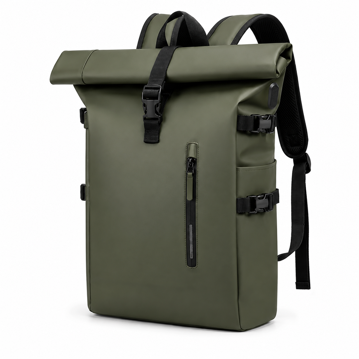 Sac à dos Movara Roll-Top vert, vue de face, fermeture roulée