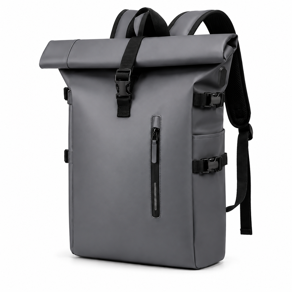 Sac à dos Movara Roll-Top gris, vue de face, fermeture roulée