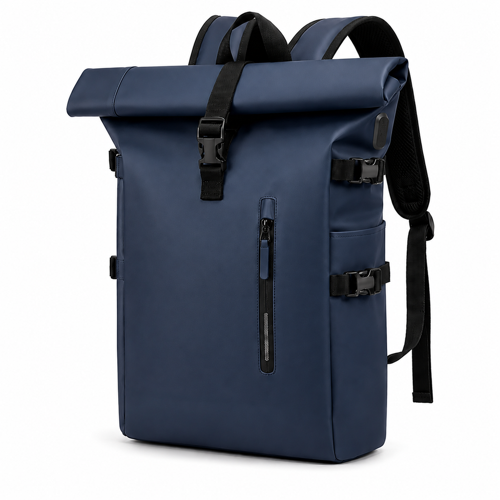 Sac à dos Movara Roll-Top bleu marine, vue de face, fermeture roulée