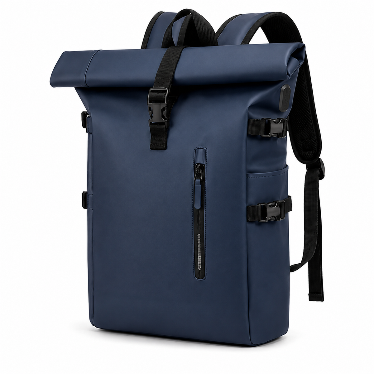 Sac à dos Movara Roll-Top bleu marine, vue de face, fermeture roulée
