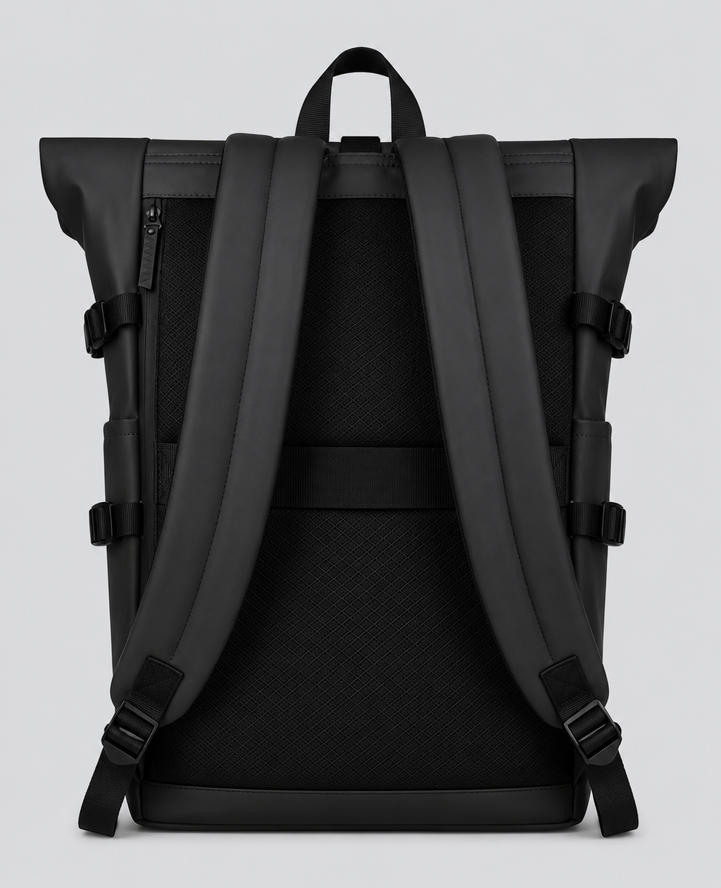 Sac à dos Movara Roll-Top noir, vue arrière et dos alvéolé