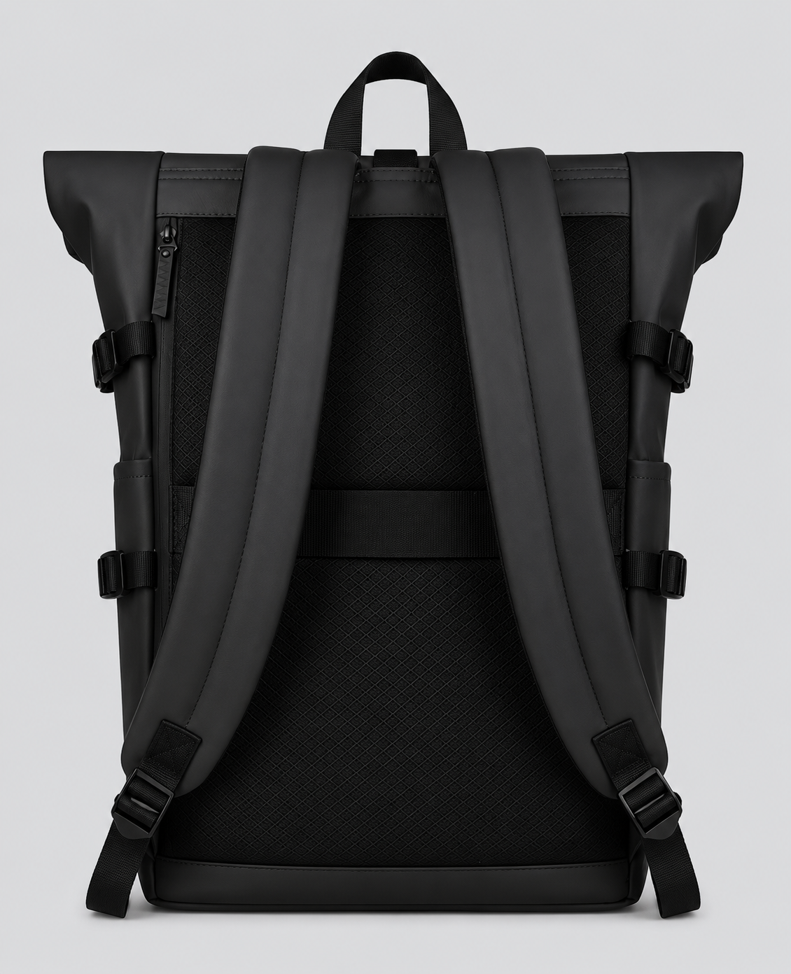 Sac à dos Movara Roll-Top noir, vue arrière et dos alvéolé