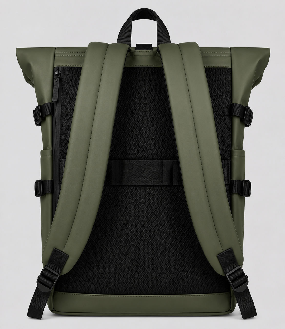 Sac à dos Movara Roll-Top vert, vue arrière et dos alvéolé
