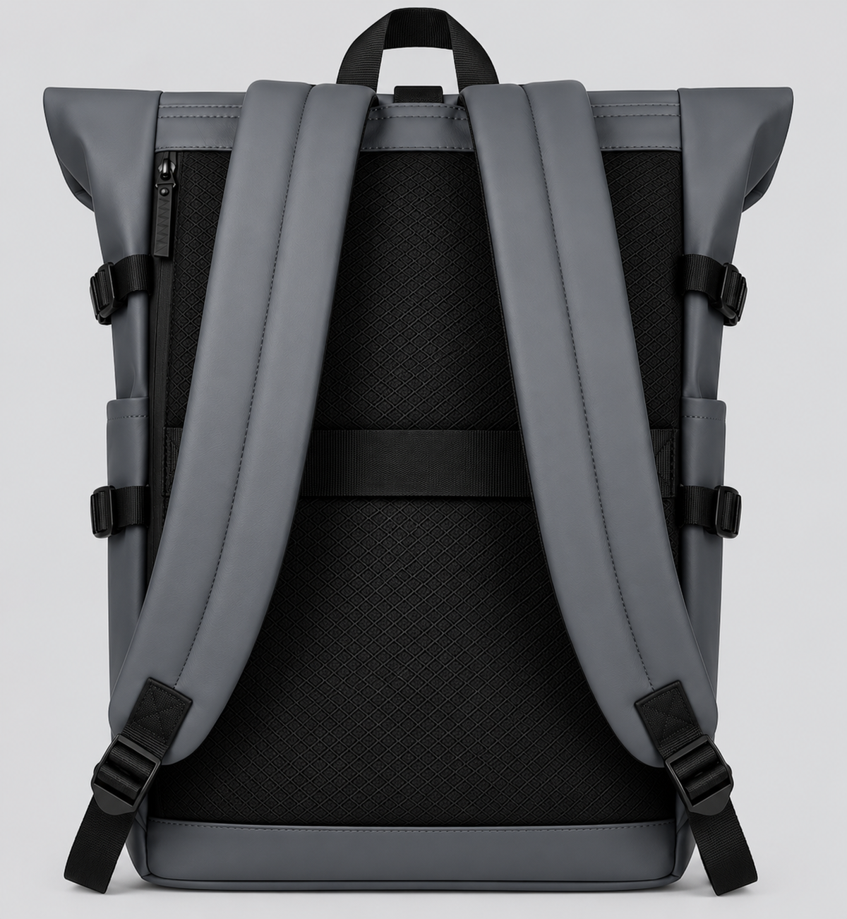 Sac à dos Movara Roll-Top gris, vue arrière et dos alvéolé