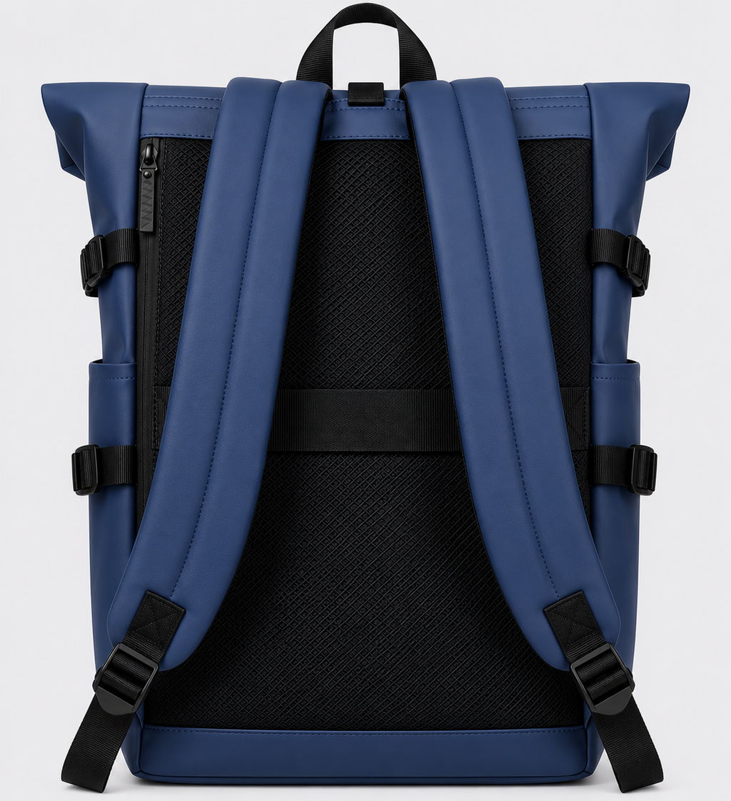 Sac à dos Movara Roll-Top bleu marine, vue arrière et dos alvéolé
